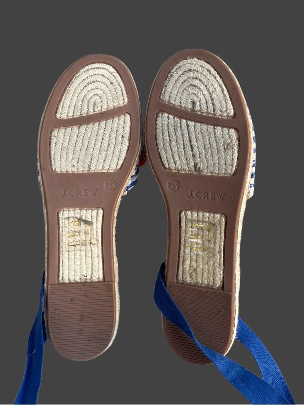 J. CREW Blue White Striped Canvas w/ Pink Pom Pom Ankle Wrap Espadrilles Flats